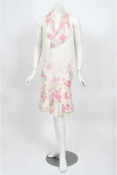 1999 Christian Dior by Galliano Pink Roses Silk Lace Bias-Cut Skirt Set