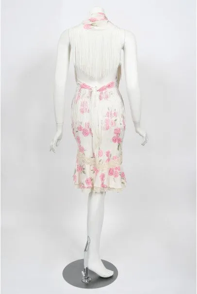 1999 Christian Dior by Galliano Pink Roses Silk Lace Bias-Cut Skirt Set