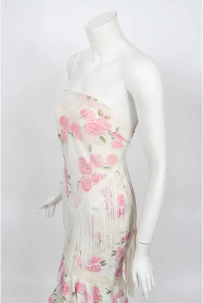 1999 Christian Dior by Galliano Pink Roses Silk Lace Bias-Cut Skirt Set
