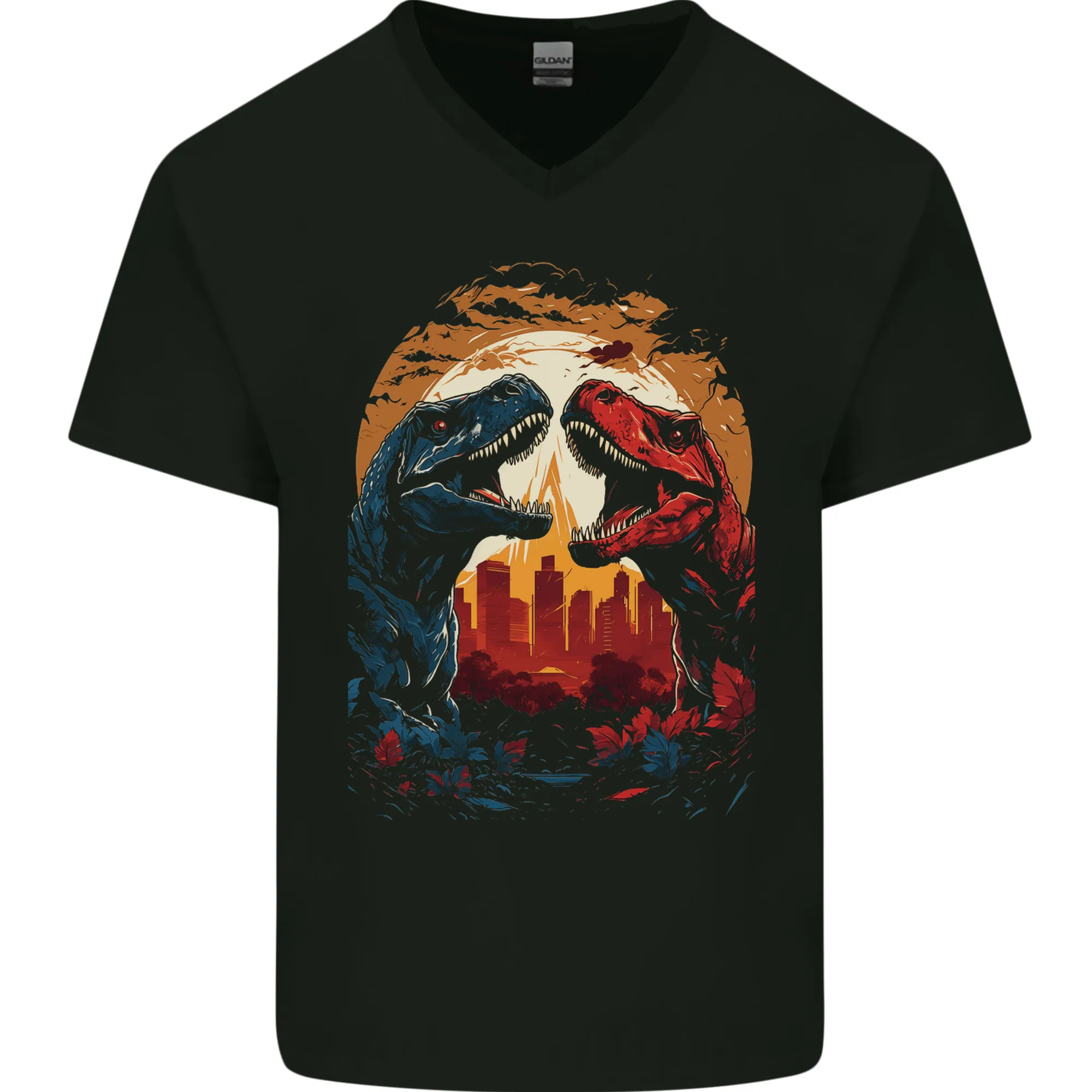 2 Dinosaurs With a Moon Backdrop T-Rex Lizard Mens V-Neck Cotton T-Shirt