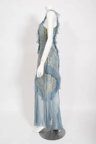 2003 Christian Dior by Galliano Metallic Blue Silk Lace-Up Bias Cut Gown