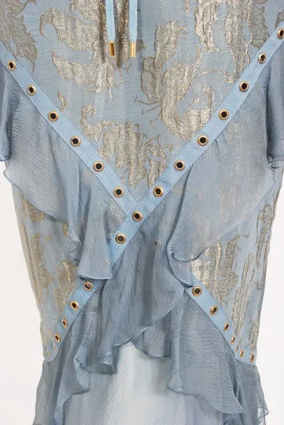 2003 Christian Dior by Galliano Metallic Blue Silk Lace-Up Bias Cut Gown
