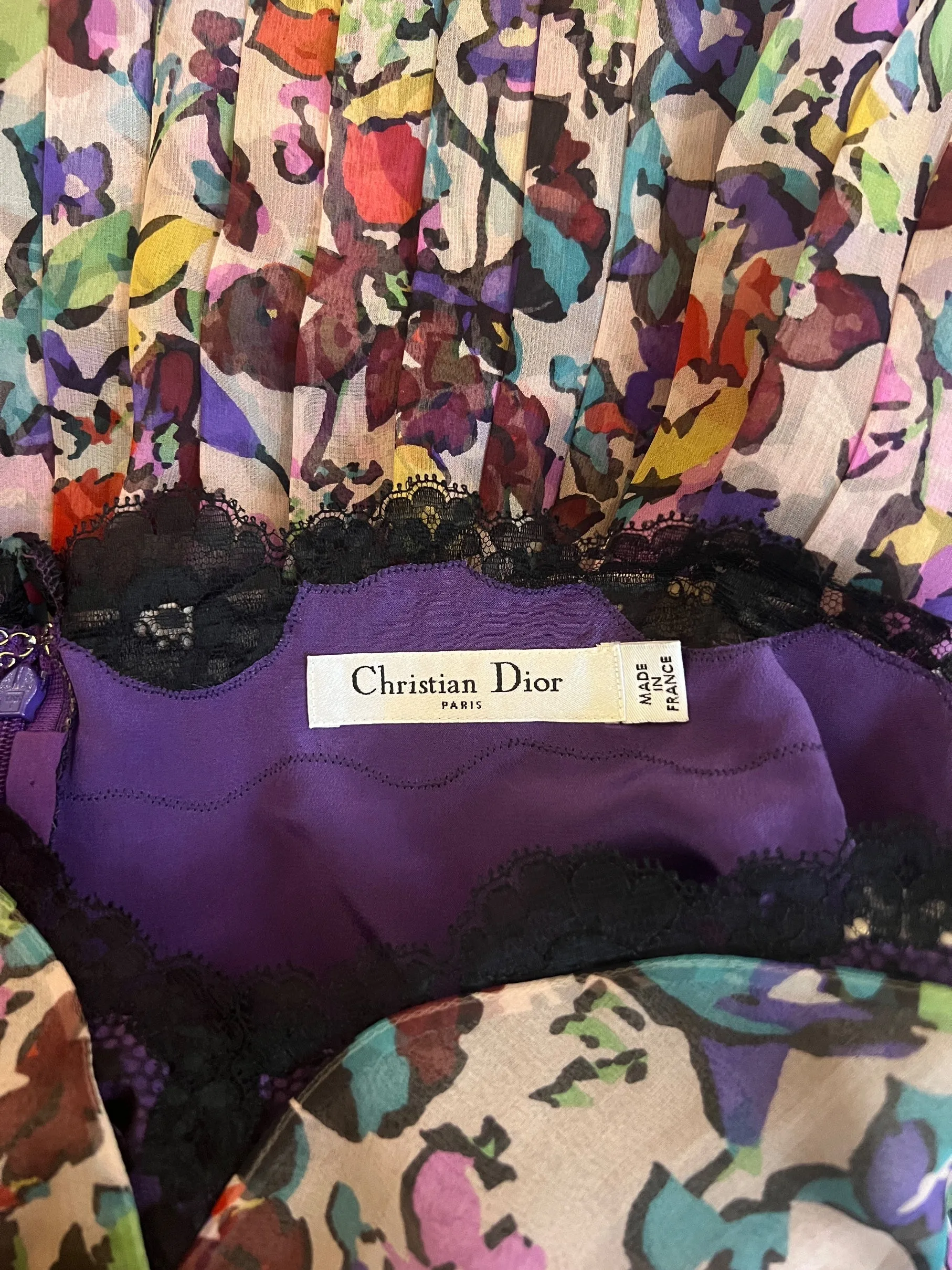 2010 Runway Christian Dior Floral Silk Chiffon Pleated Dress