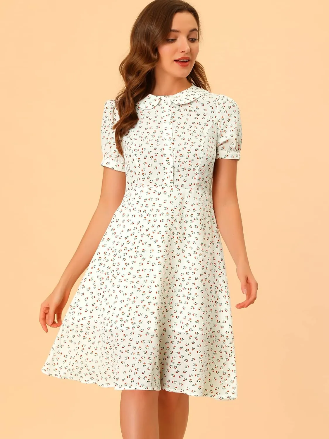 Allegra K Women's Peter Pan Collar Tie Neck Short Sleeves A-Line Elegant Belted Vintage Floral Dress