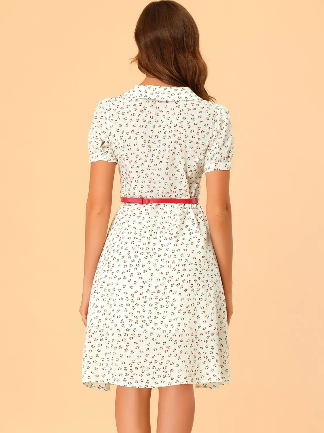 Allegra K Women's Peter Pan Collar Tie Neck Short Sleeves A-Line Elegant Belted Vintage Floral Dress