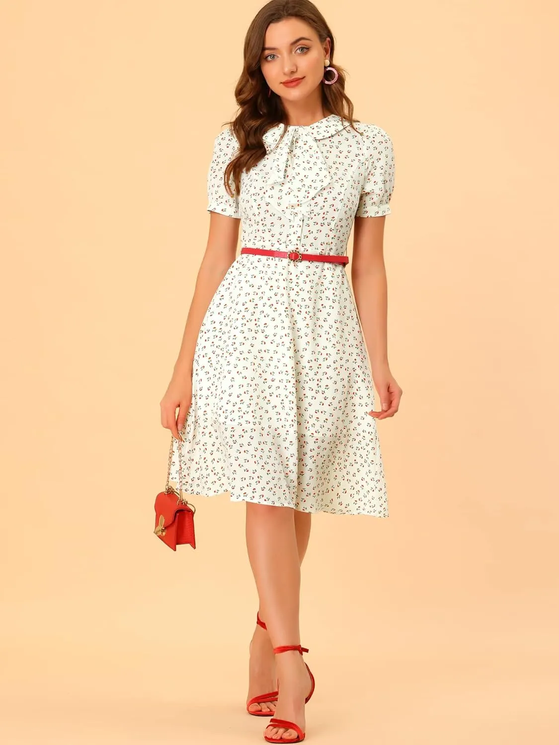Allegra K Women's Peter Pan Collar Tie Neck Short Sleeves A-Line Elegant Belted Vintage Floral Dress