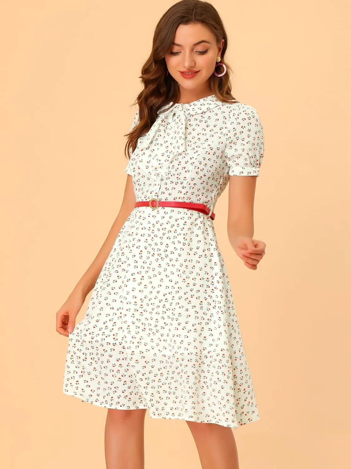 Allegra K Women's Peter Pan Collar Tie Neck Short Sleeves A-Line Elegant Belted Vintage Floral Dress