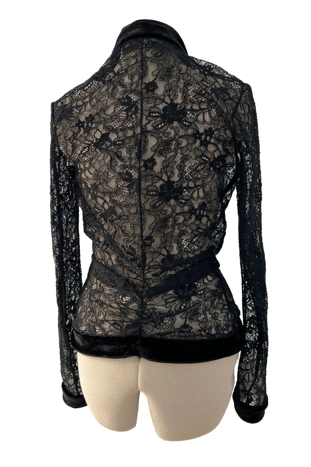 Beautiful Fall 2003 Christian Dior by John Galliano Black Lace Jacket Top w Velvet Trim