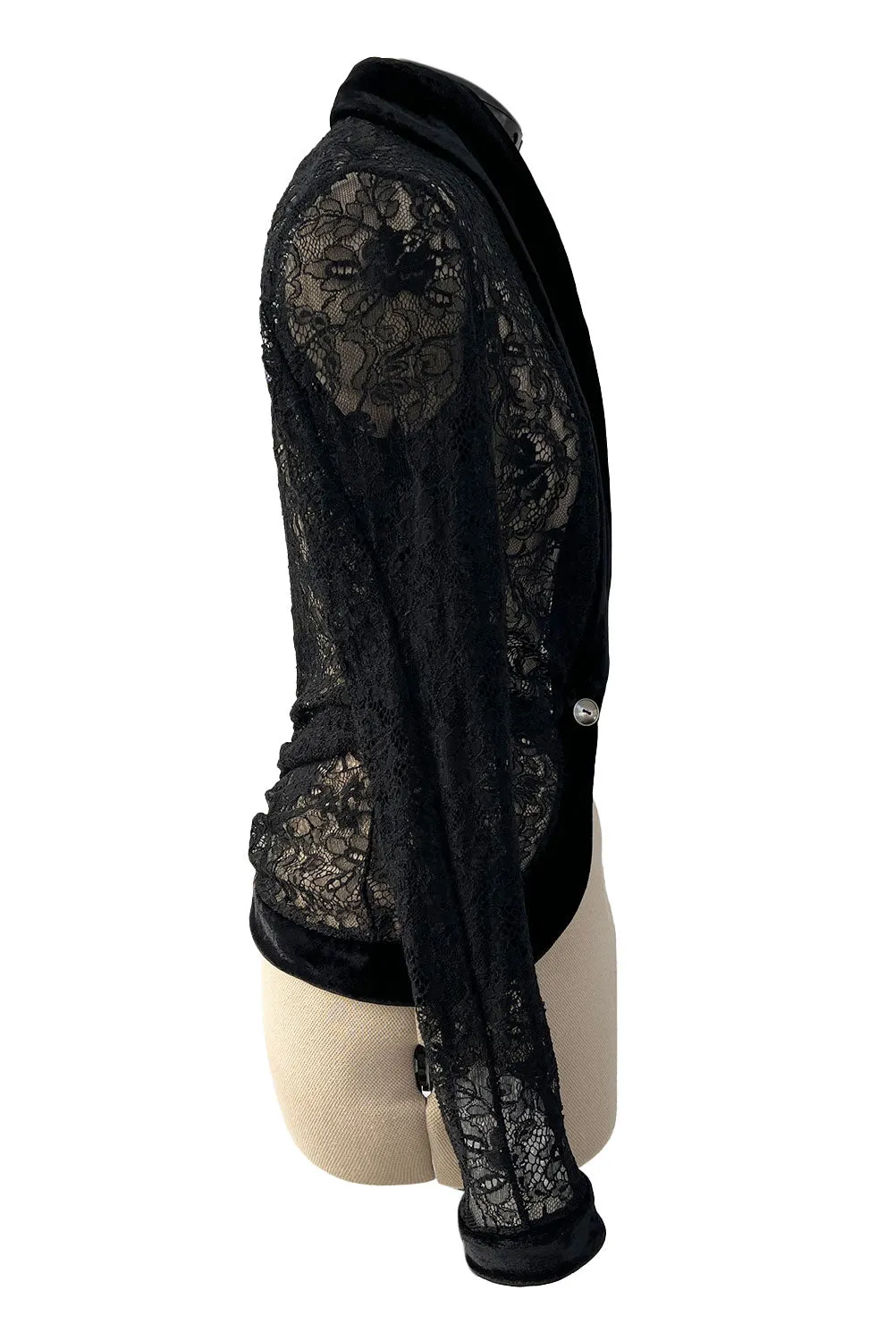 Beautiful Fall 2003 Christian Dior by John Galliano Black Lace Jacket Top w Velvet Trim