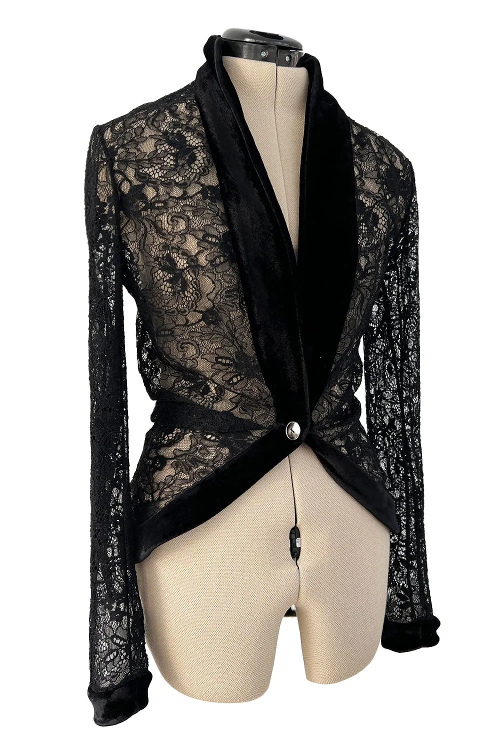 Beautiful Fall 2003 Christian Dior by John Galliano Black Lace Jacket Top w Velvet Trim