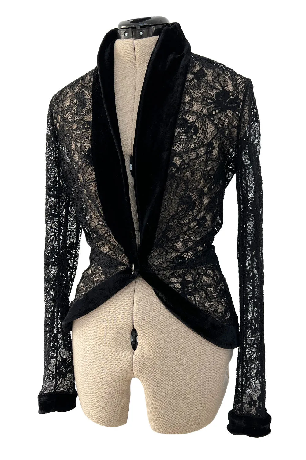 Beautiful Fall 2003 Christian Dior by John Galliano Black Lace Jacket Top w Velvet Trim