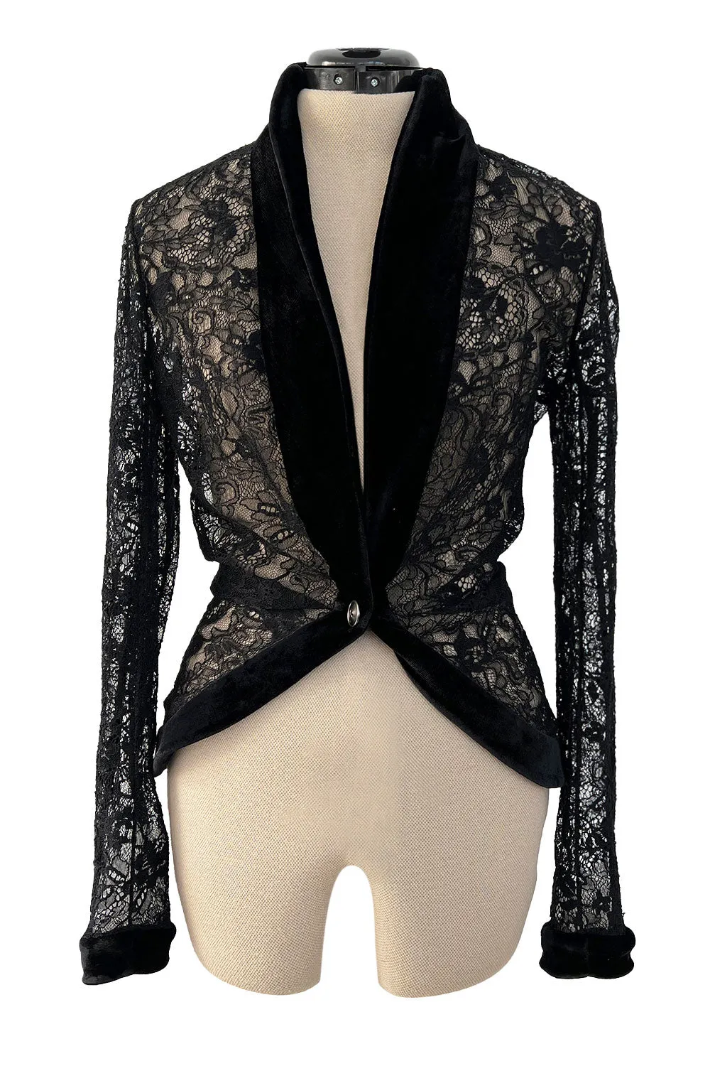 Beautiful Fall 2003 Christian Dior by John Galliano Black Lace Jacket Top w Velvet Trim