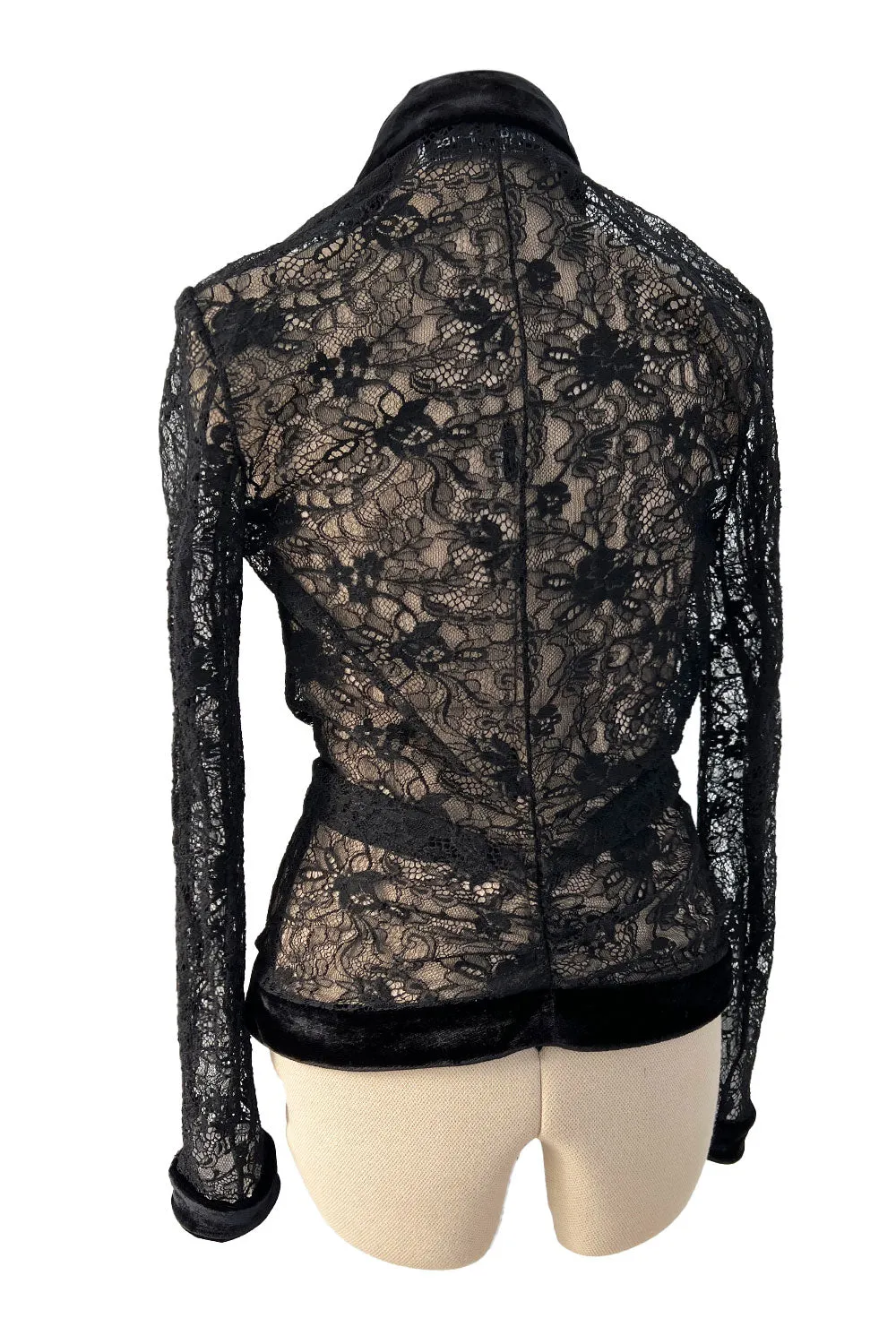 Beautiful Fall 2003 Christian Dior by John Galliano Black Lace Jacket Top w Velvet Trim
