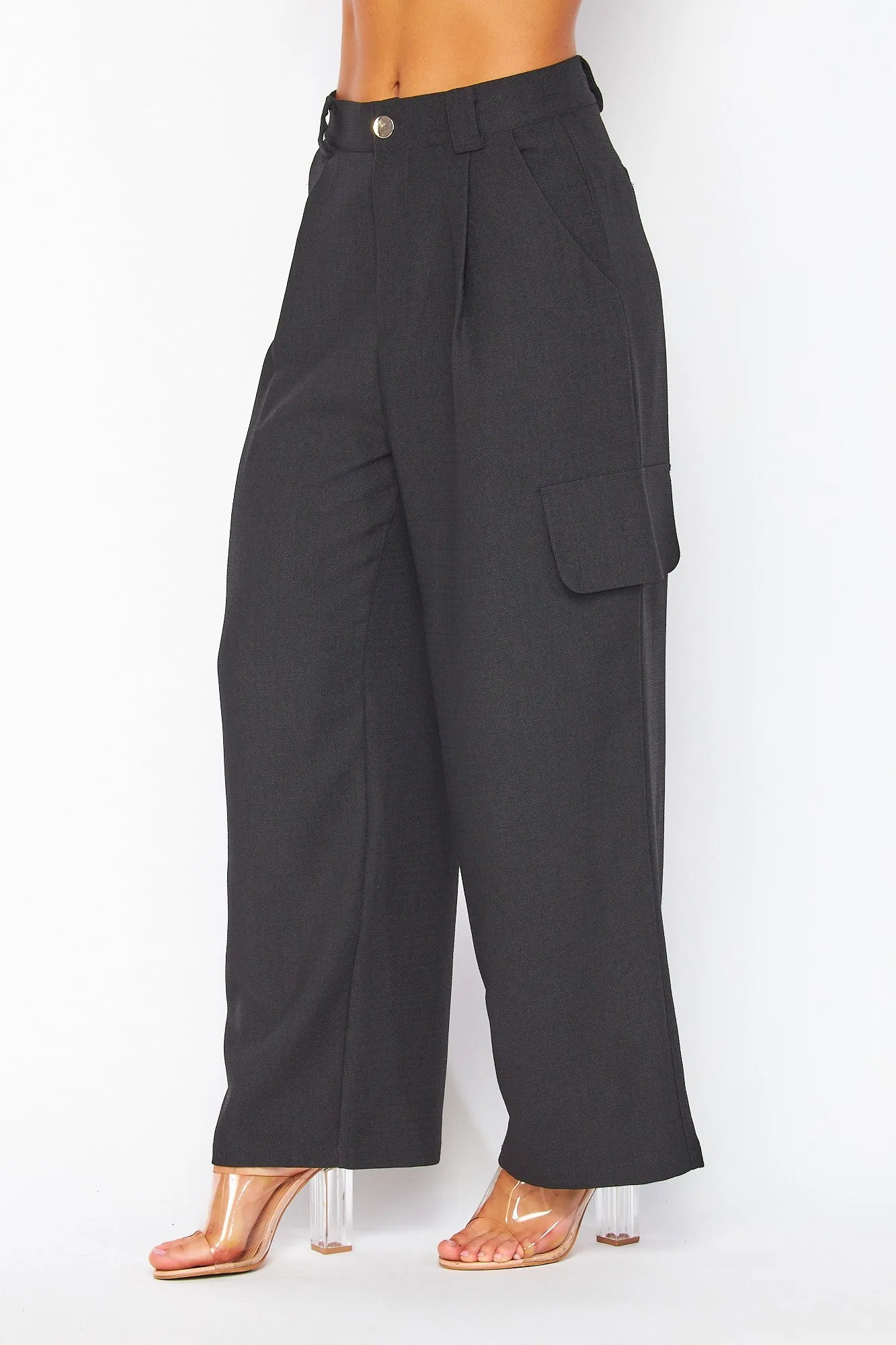 Black Chanel Fabric Cargo Wide-leg Pants