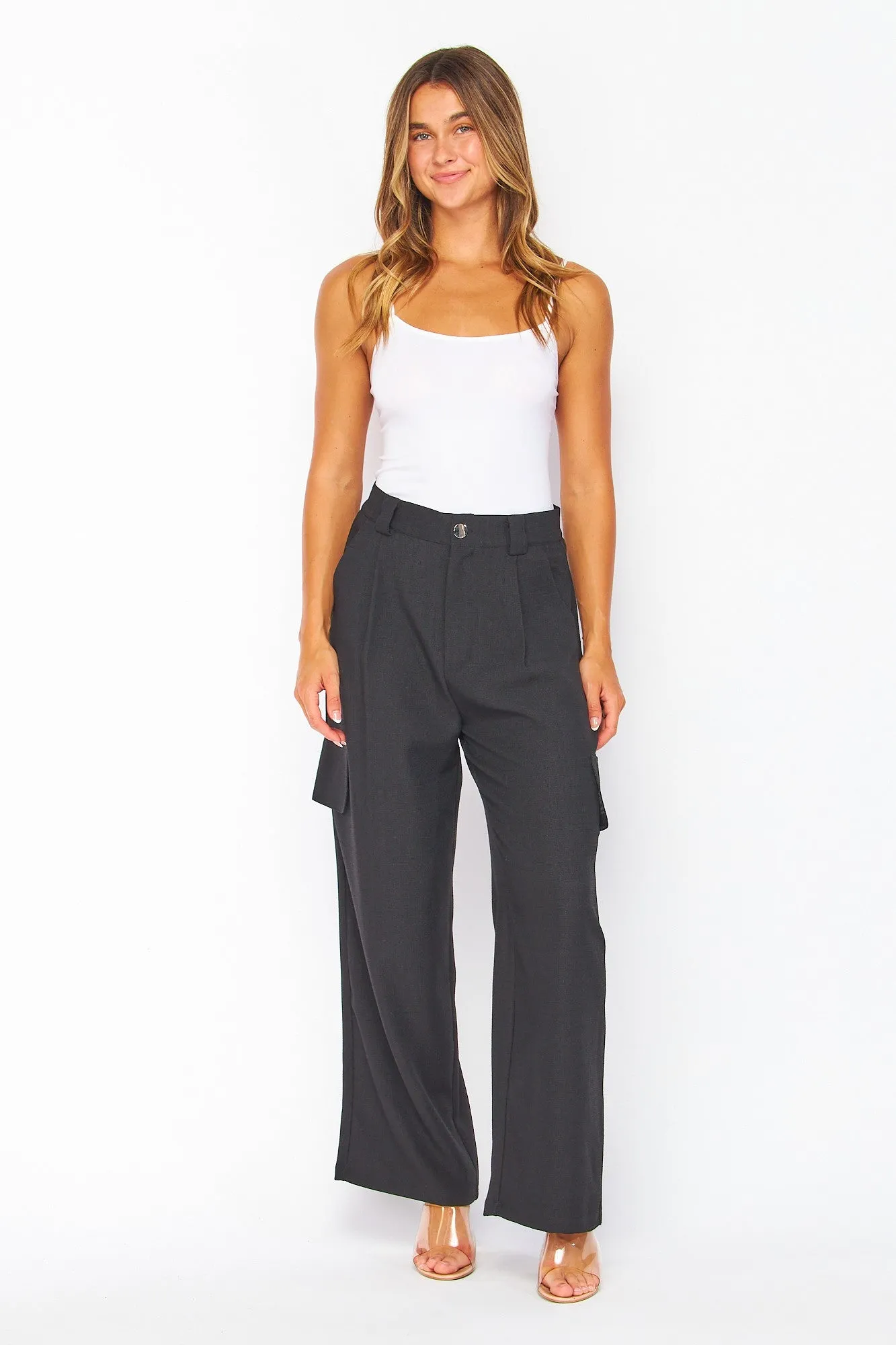 Black Chanel Fabric Cargo Wide-leg Pants