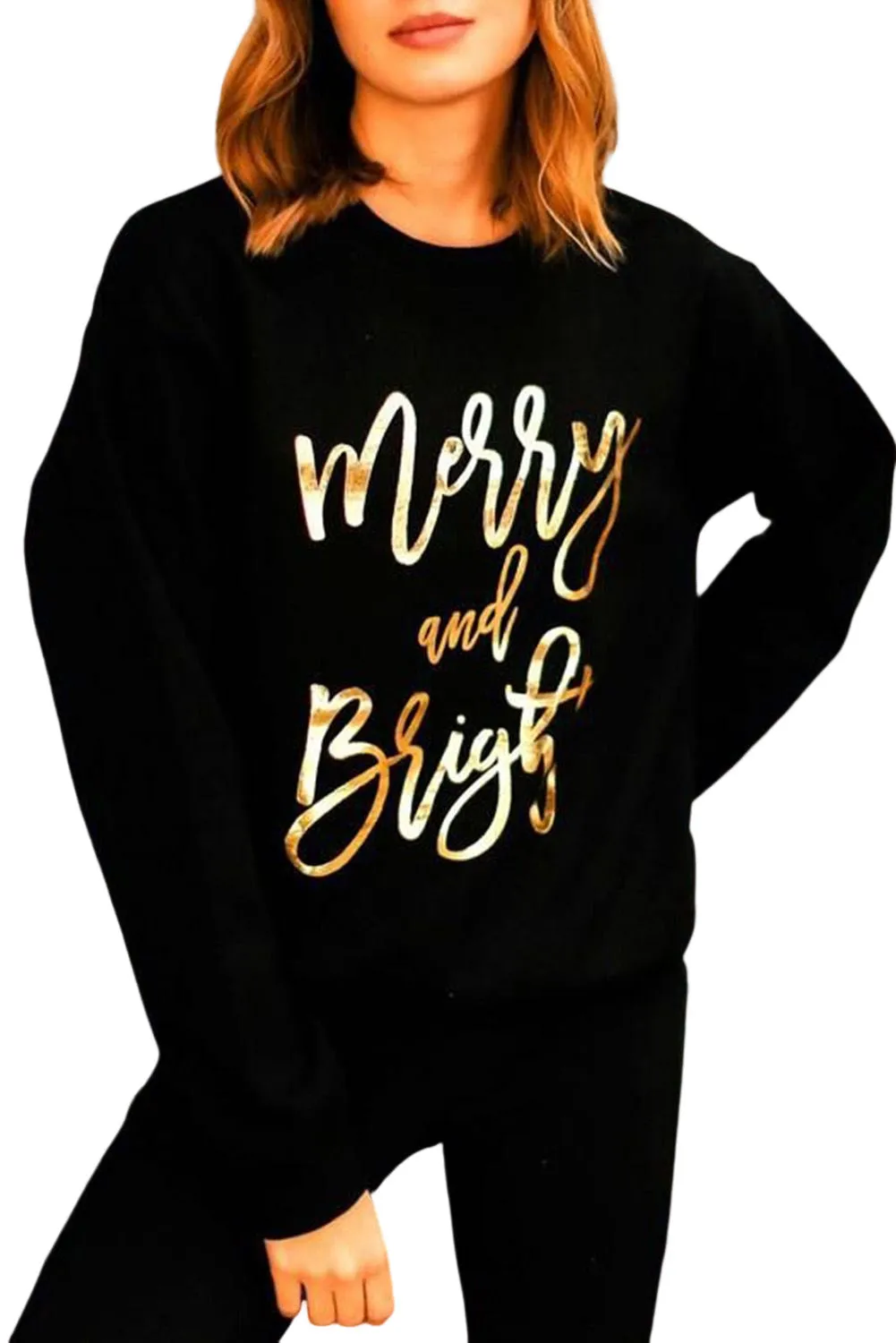 Black  Merry & Bright Letter Print Pullover Sweatshirt