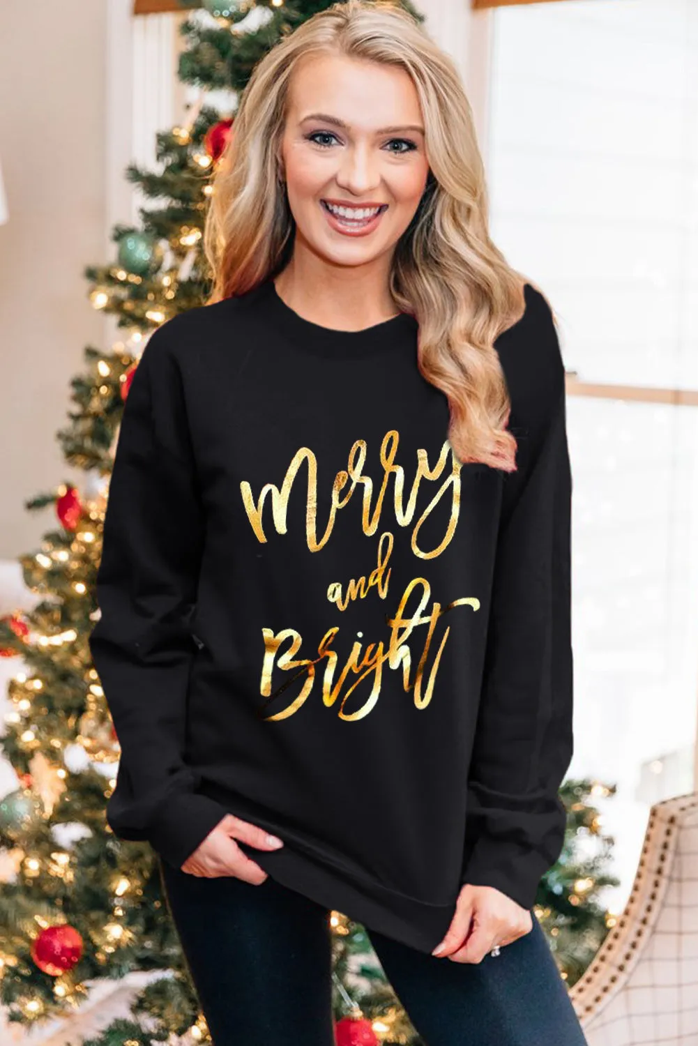 Black  Merry & Bright Letter Print Pullover Sweatshirt
