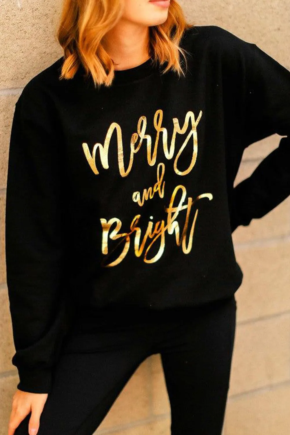 Black  Merry & Bright Letter Print Pullover Sweatshirt