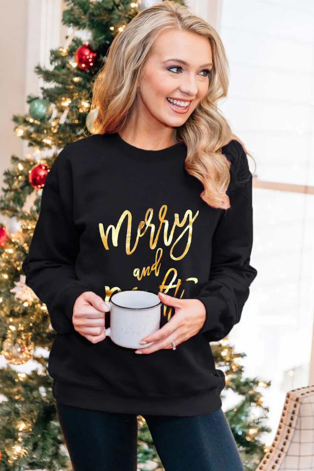 Black  Merry & Bright Letter Print Pullover Sweatshirt
