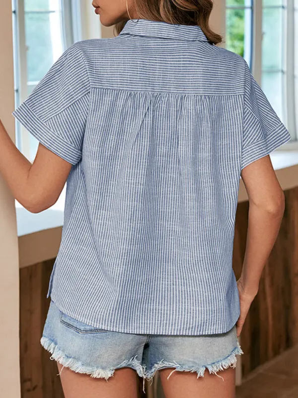 Camri Women's New Casual Loose Short Sleeve Striped Shirt