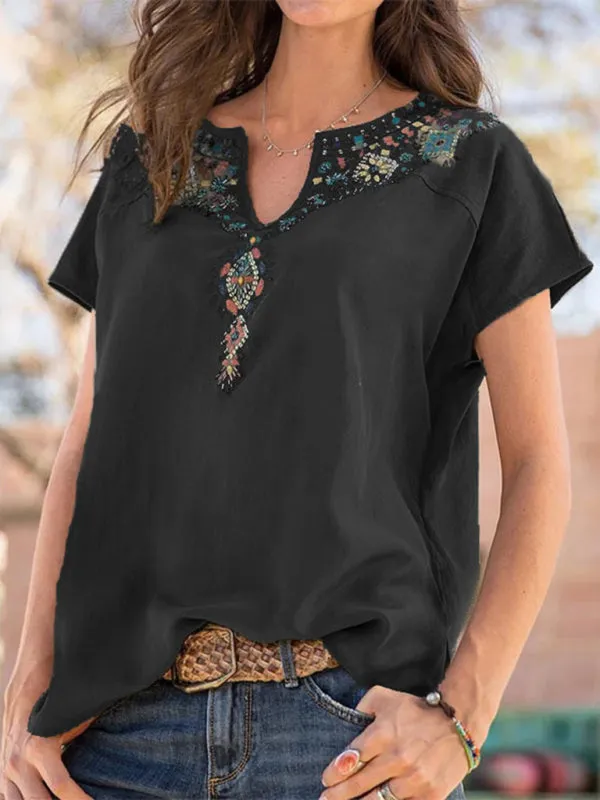 Carmindy Women's Loose Western Ethnic Style Top Short-Sleeved T-Shirt