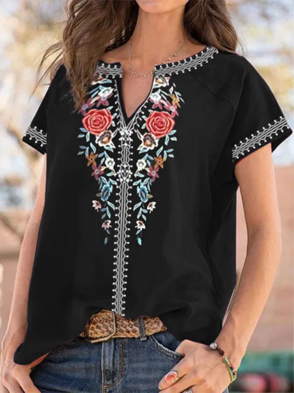 Carmindy Women's Loose Western Ethnic Style Top Short-Sleeved T-Shirt