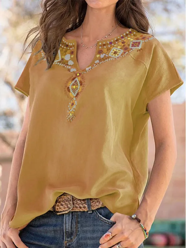 Carmindy Women's Loose Western Ethnic Style Top Short-Sleeved T-Shirt