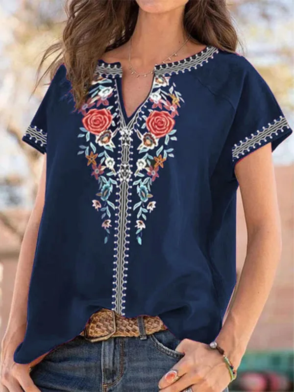 Carmindy Women's Loose Western Ethnic Style Top Short-Sleeved T-Shirt