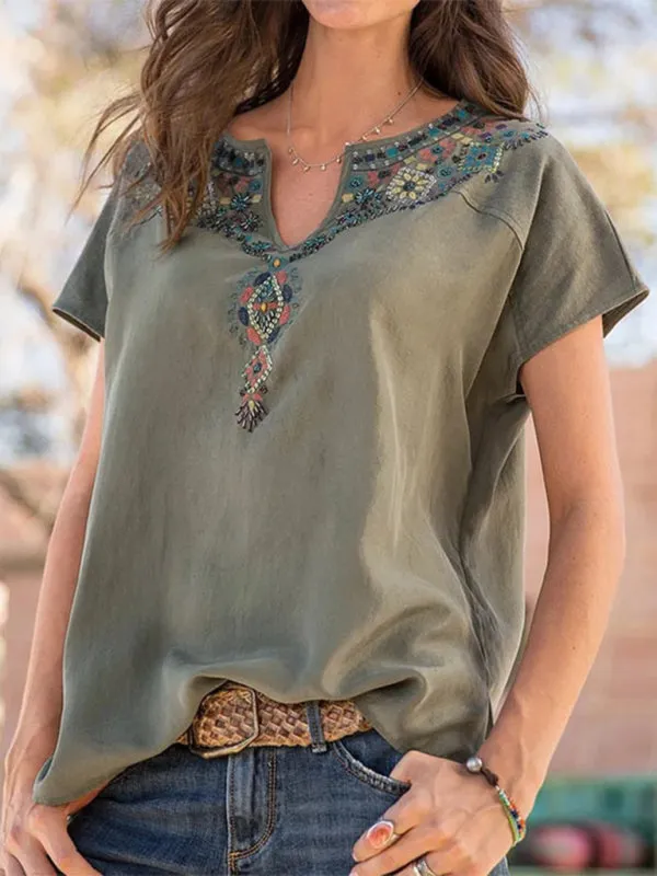 Carmindy Women's Loose Western Ethnic Style Top Short-Sleeved T-Shirt