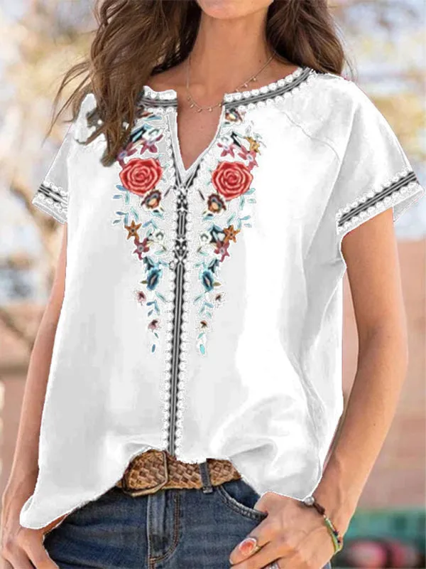 Carmindy Women's Loose Western Ethnic Style Top Short-Sleeved T-Shirt