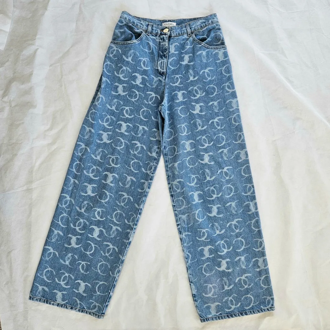Chanel CC Printed Logo 23B Denim Wide Leg Jeans