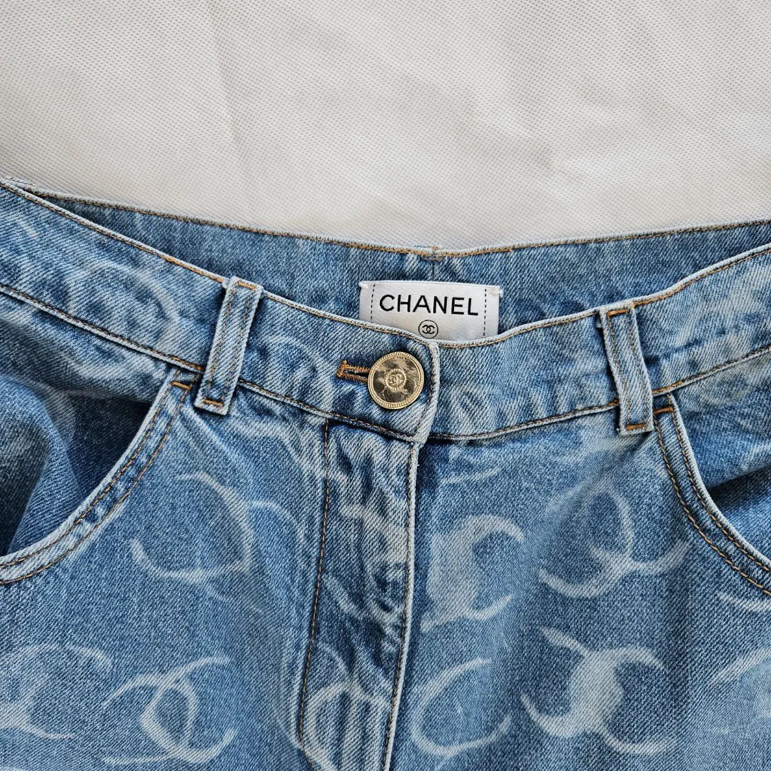 Chanel CC Printed Logo 23B Denim Wide Leg Jeans