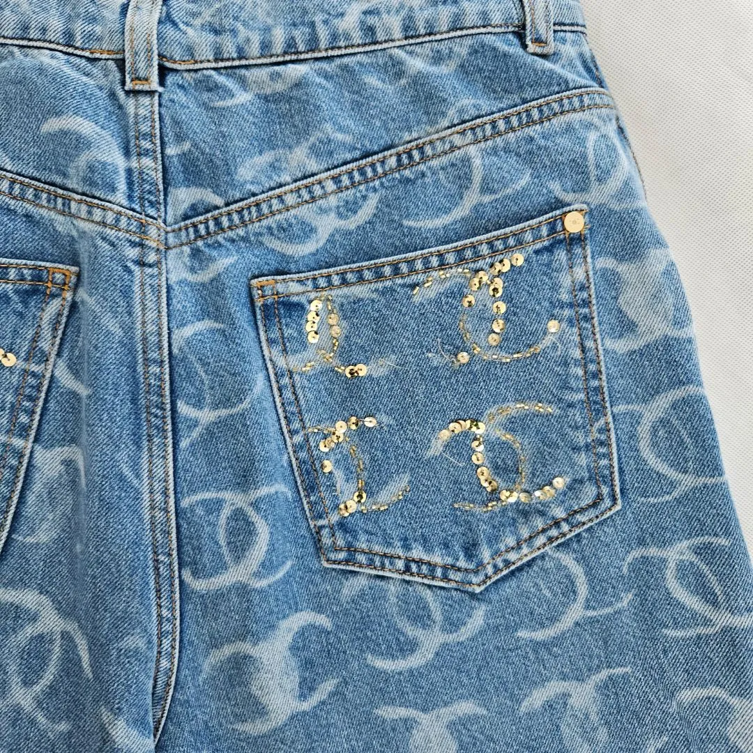 Chanel CC Printed Logo 23B Denim Wide Leg Jeans