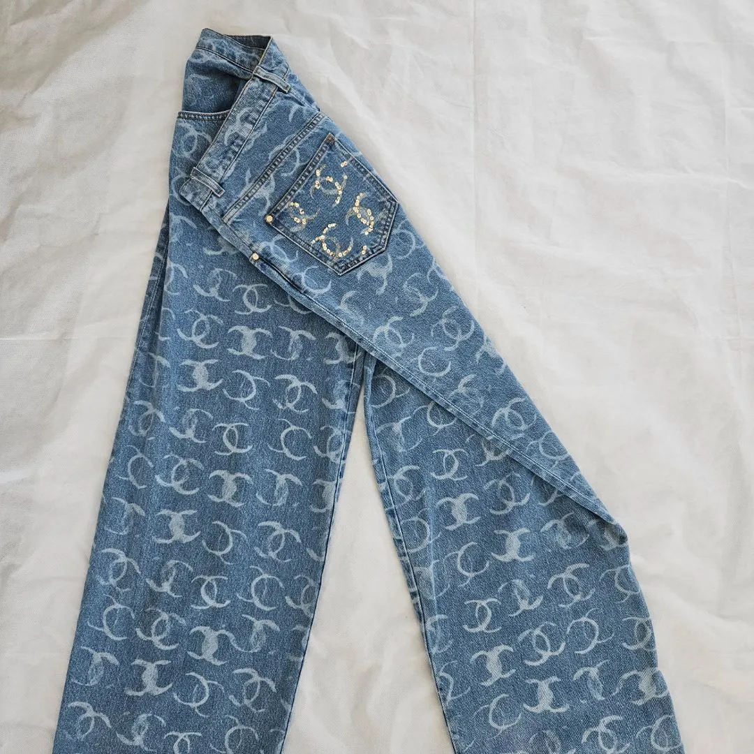 Chanel CC Printed Logo 23B Denim Wide Leg Jeans
