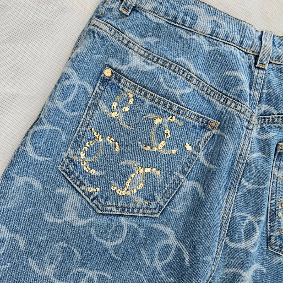 Chanel CC Printed Logo 23B Denim Wide Leg Jeans
