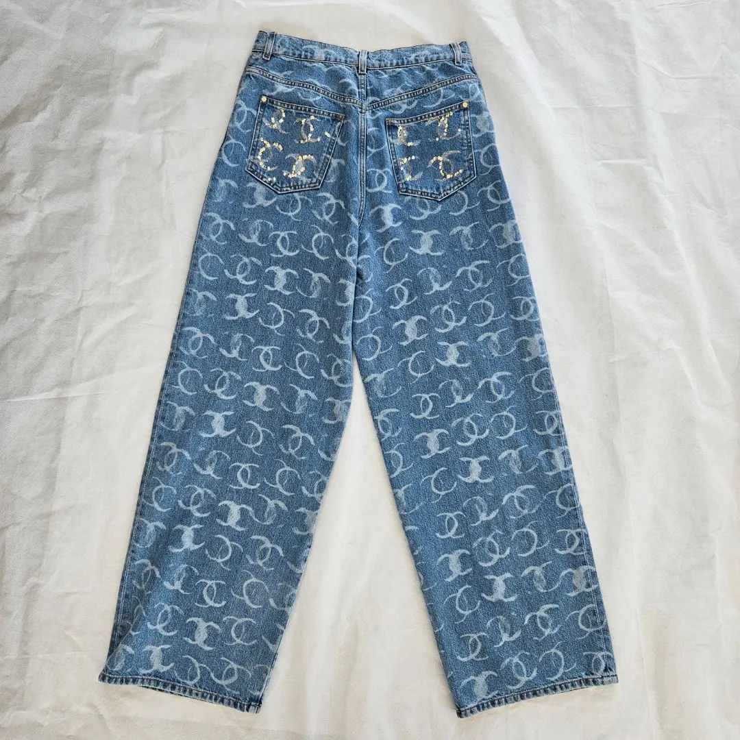 Chanel CC Printed Logo 23B Denim Wide Leg Jeans