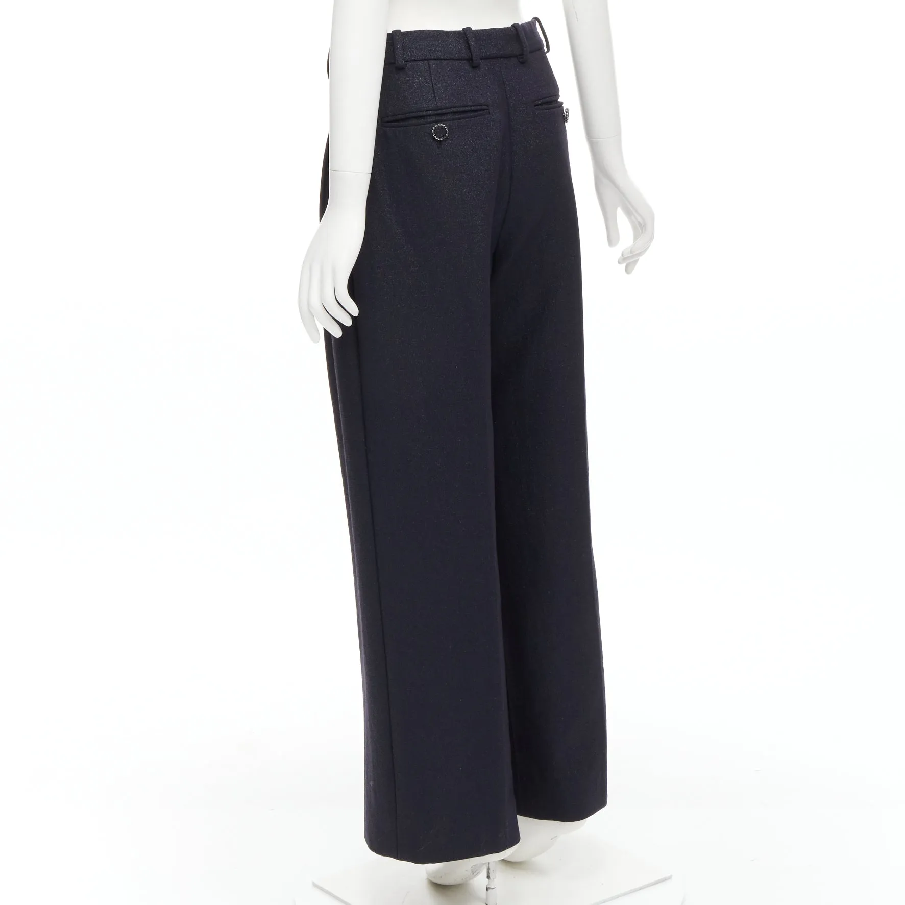 CHANEL  metallic black pleated front chain trimmed wide leg pants FR40 M