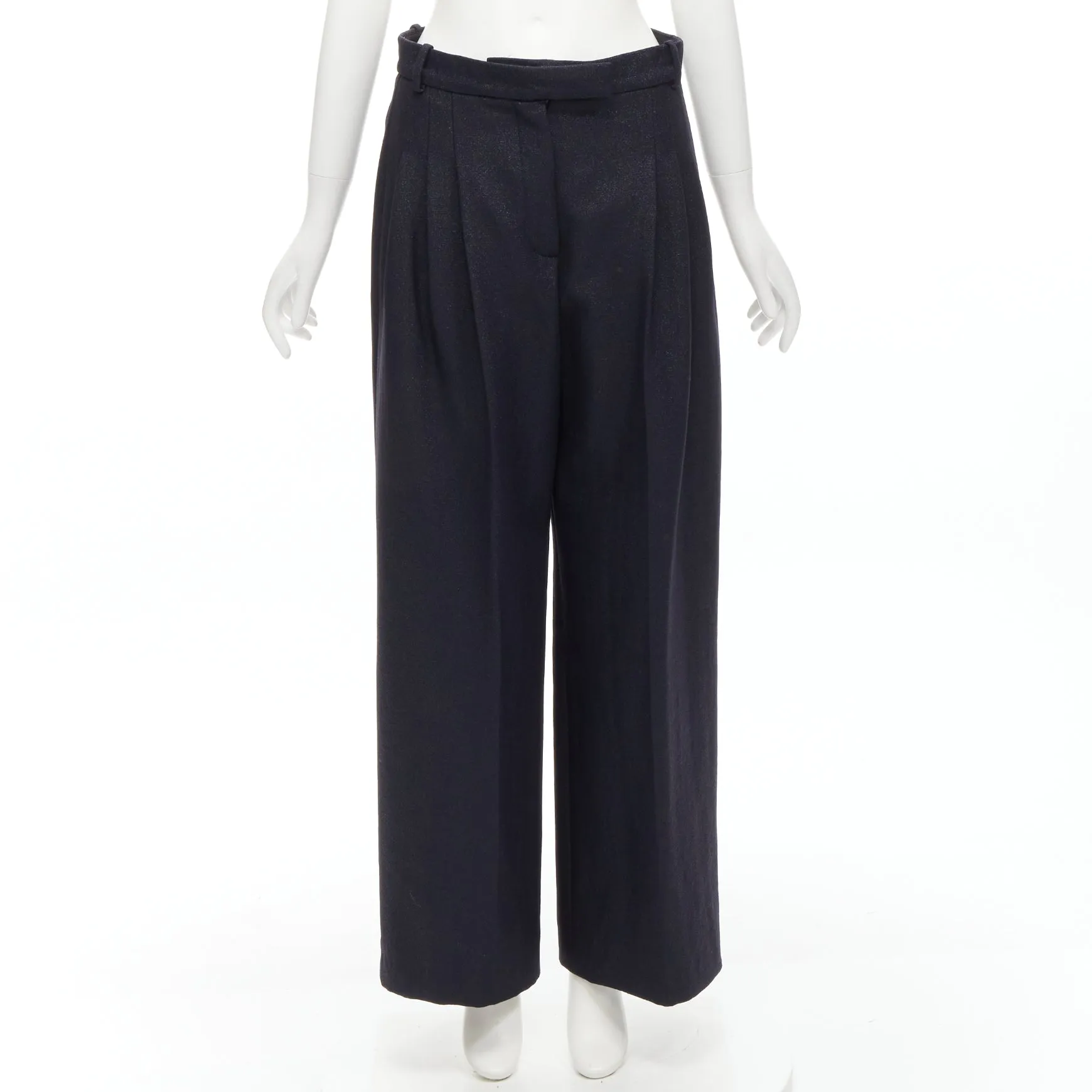 CHANEL  metallic black pleated front chain trimmed wide leg pants FR40 M