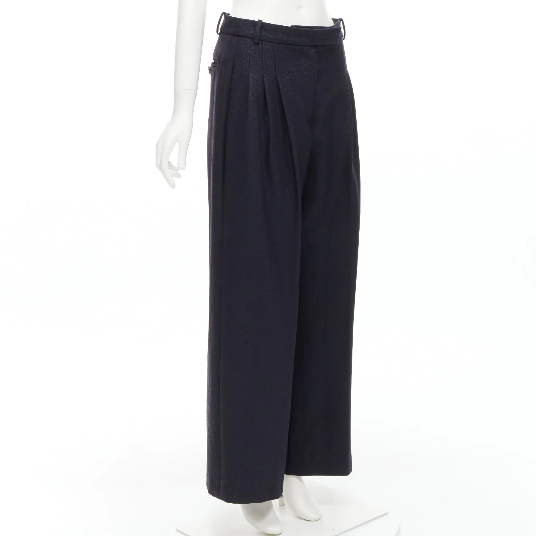 CHANEL  metallic black pleated front chain trimmed wide leg pants FR40 M