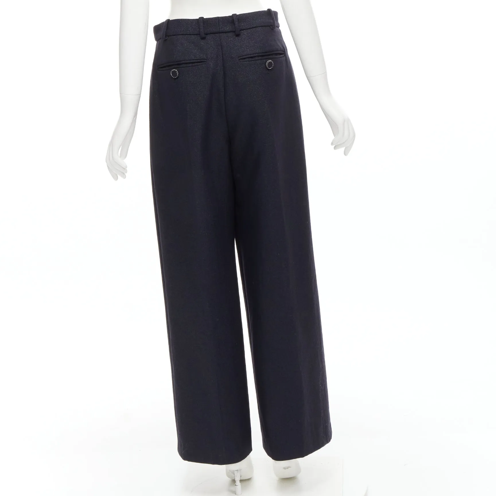 CHANEL  metallic black pleated front chain trimmed wide leg pants FR40 M