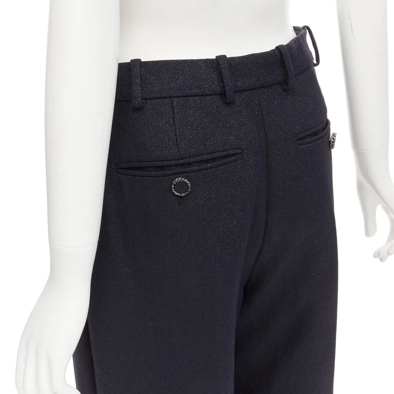 CHANEL  metallic black pleated front chain trimmed wide leg pants FR40 M