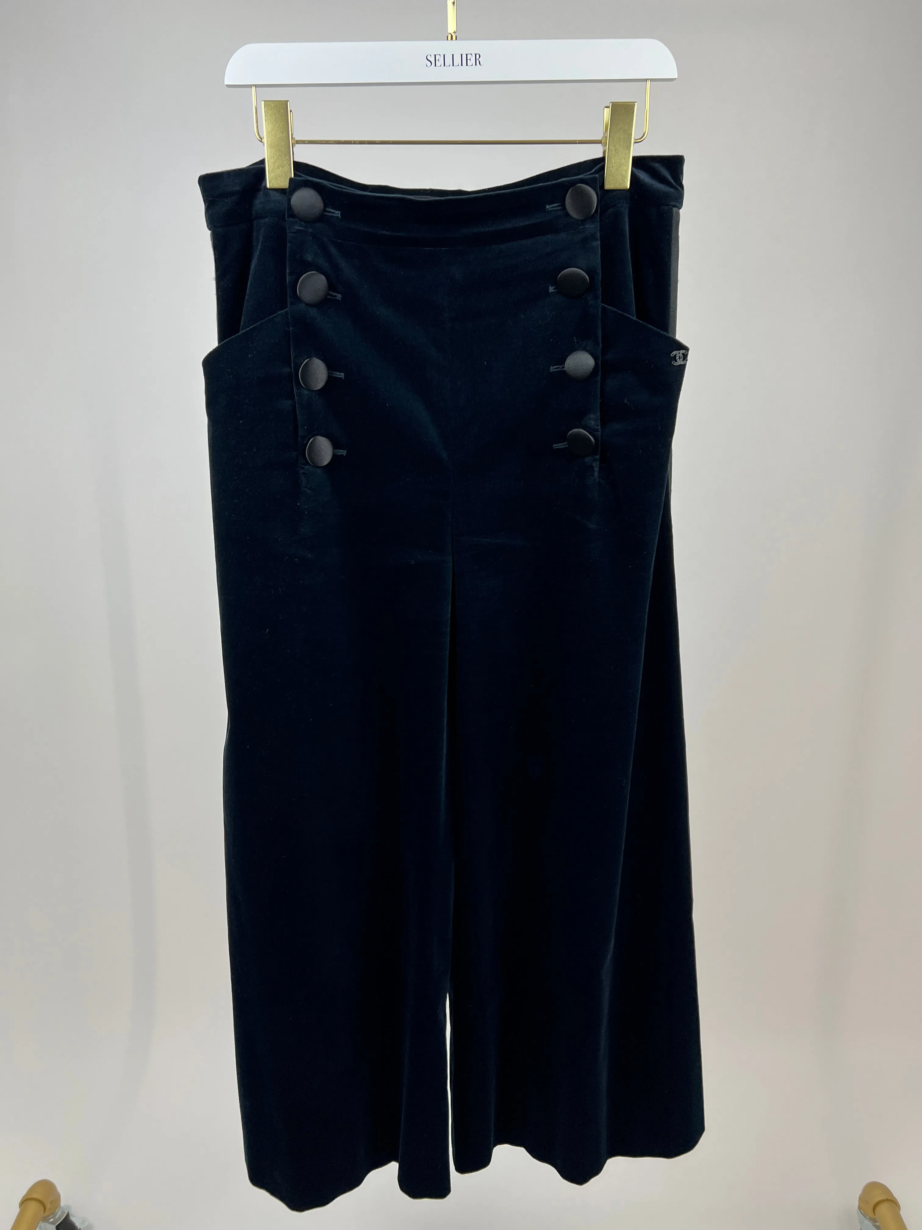 Chanel Navy Velvet Wide Leg Trousers With Black Satin Band And Cc Logo Details Fr 44 (uk 16)