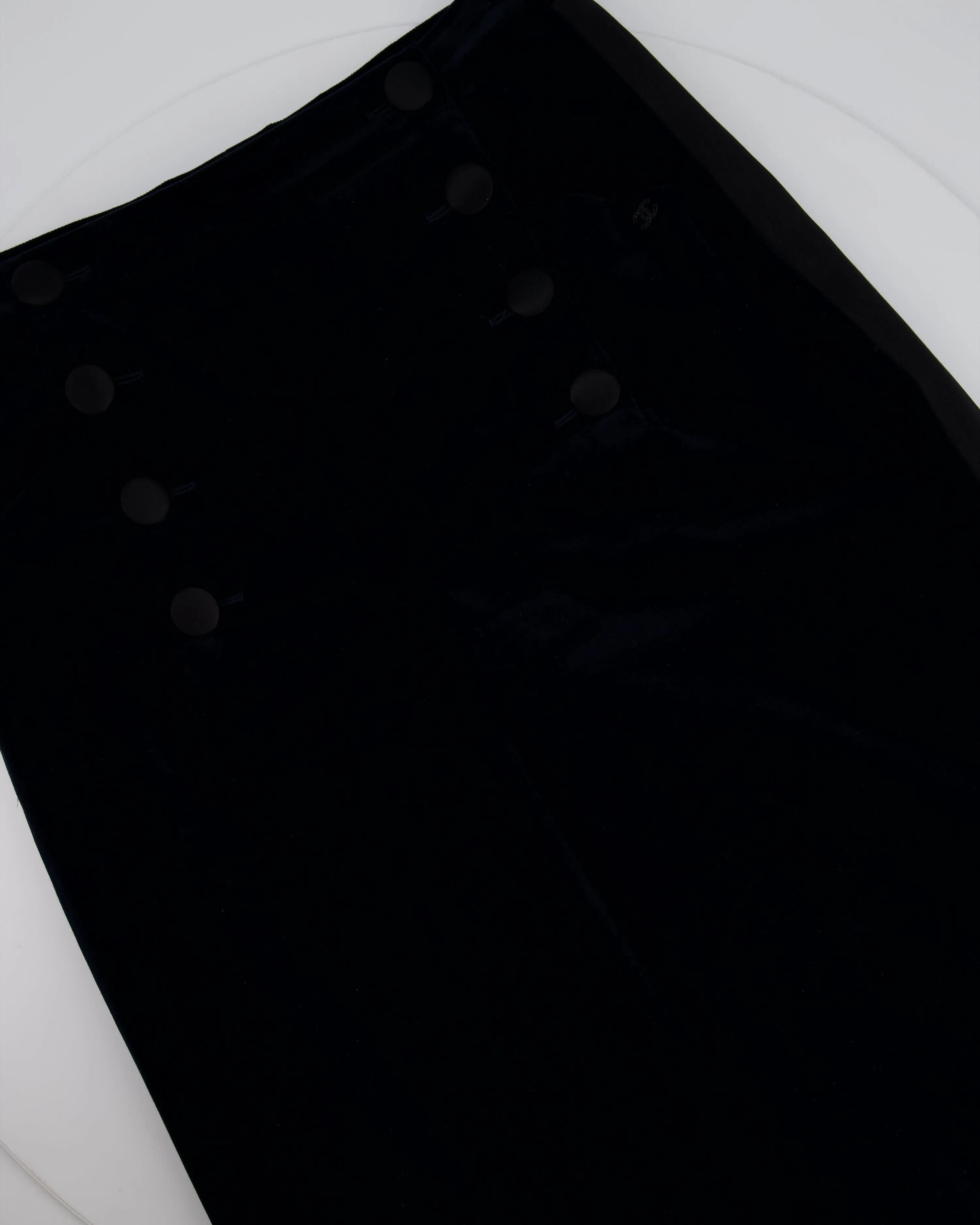 Chanel Navy Velvet Wide Leg Trousers With Black Satin Band And Cc Logo Details Fr 44 (uk 16)