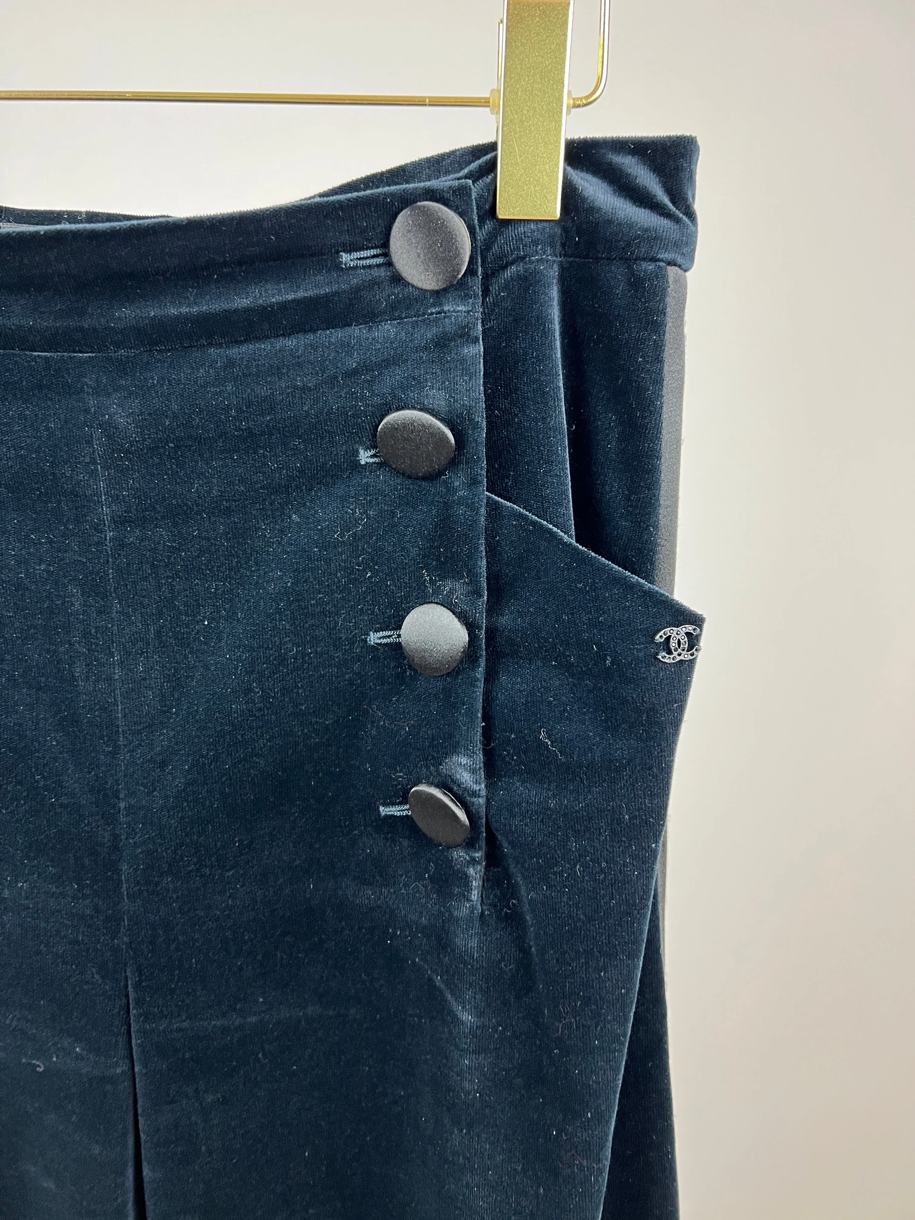 Chanel Navy Velvet Wide Leg Trousers With Black Satin Band And Cc Logo Details Fr 44 (uk 16)