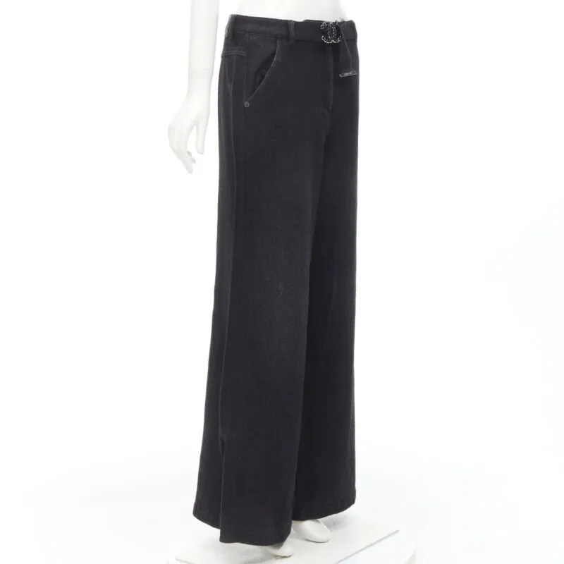 CHANEL Runway cotton black CC chain buckle belt wide leg bell pants FR38 M