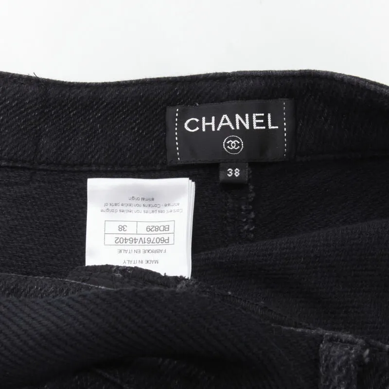 CHANEL Runway cotton black CC chain buckle belt wide leg bell pants FR38 M