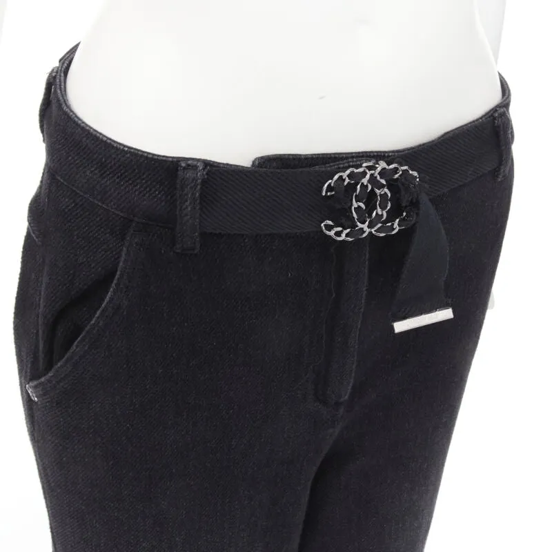 CHANEL Runway cotton black CC chain buckle belt wide leg bell pants FR38 M