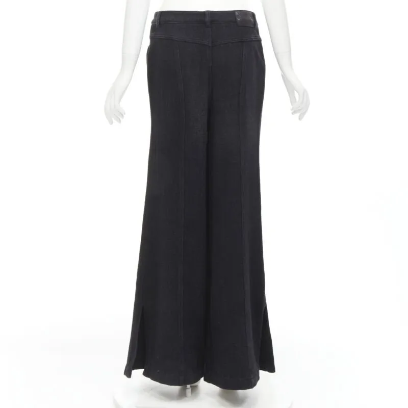 CHANEL Runway cotton black CC chain buckle belt wide leg bell pants FR38 M