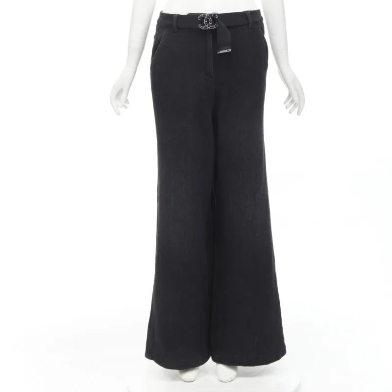 CHANEL Runway cotton black CC chain buckle belt wide leg bell pants FR38 M
