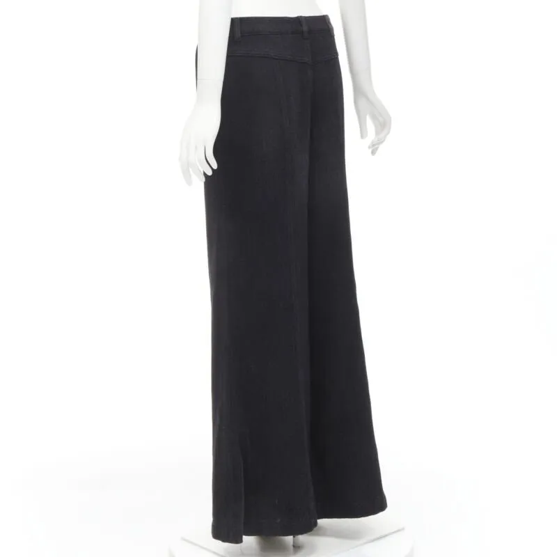 CHANEL Runway cotton black CC chain buckle belt wide leg bell pants FR38 M